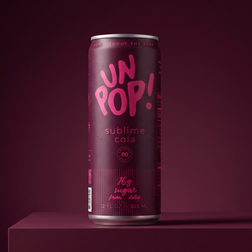 A single can of UNPOP! Sublime Cola stands on a matching dark pedestal against a dark plum background. The can is dark magenta with bright pink lettering that reads 'UNPOP!' and smaller text 'sublime cola' and 'citrus lime'.